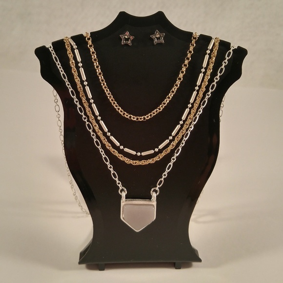 Necklace earring set silver gold 4-row grey stone - Picture 1 of 4